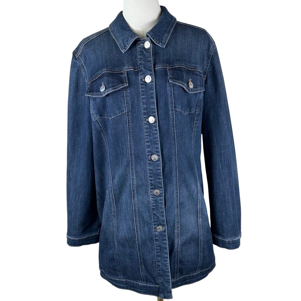 Chico's Denim Jacket Womens 16 18 3 Dark Wash Longline Stretch Americana Casual